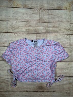 BO+TEE Pink & Lavender Floral Drawstring Crop Tee